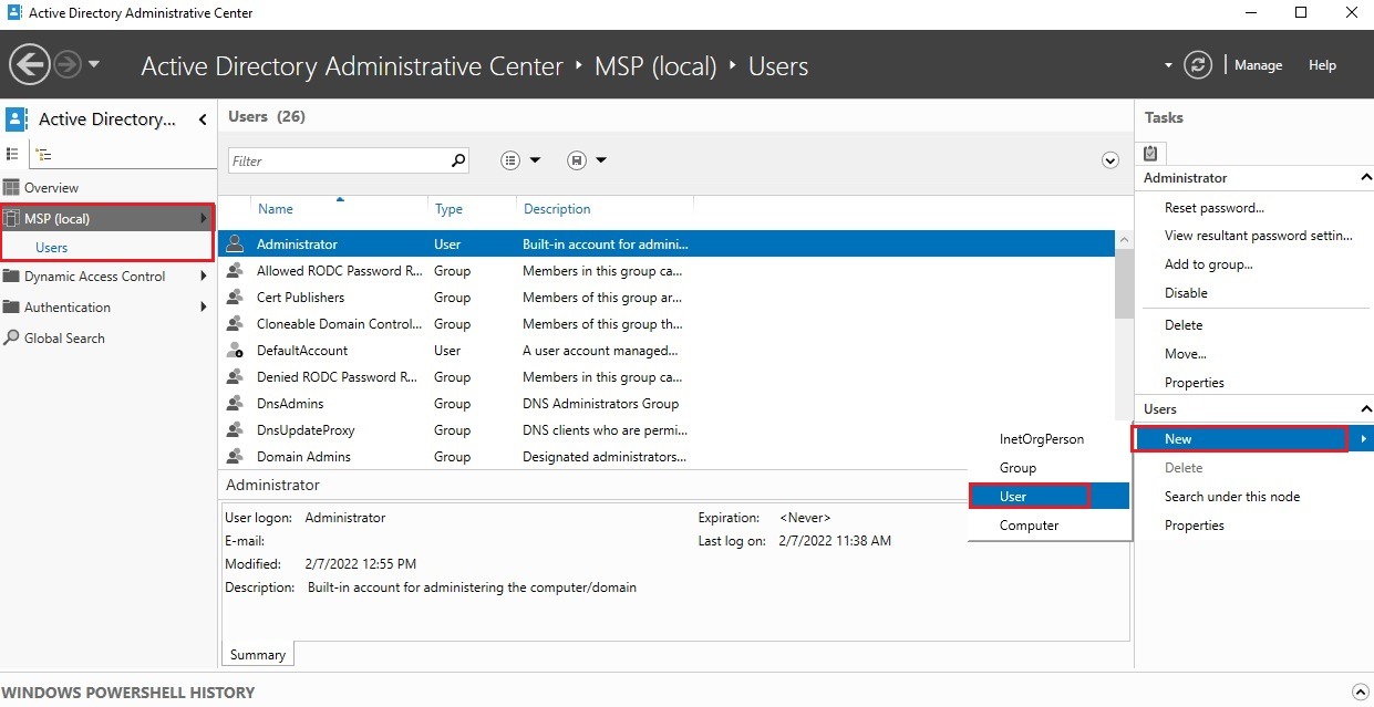 ایجاد و کپی و حذف کاربر در اکتیو دایرکتوری User Menu