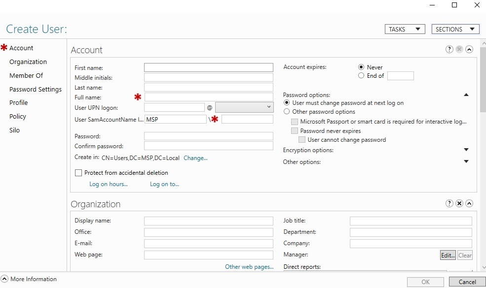 فرم اطلاعات کاربری Create User