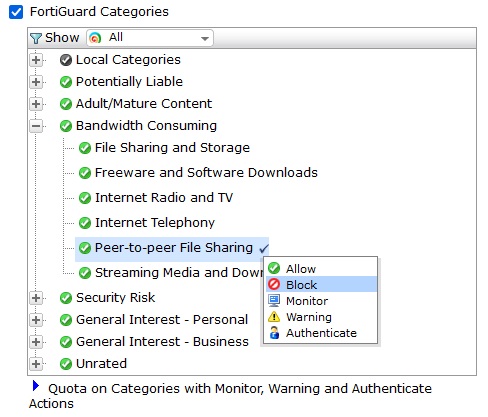 گزینه fortiguard categories
