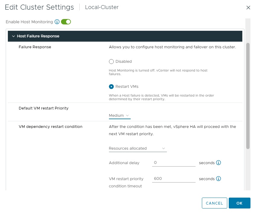گزینه Host Failure